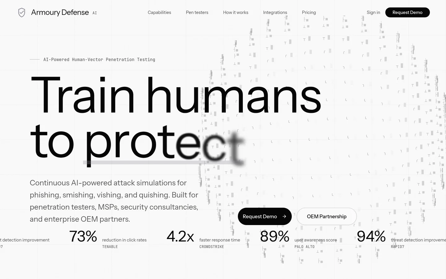 The AI Armoury Defense homepage — human-vector penetration testing for MSPs and enterprise OEM partners.