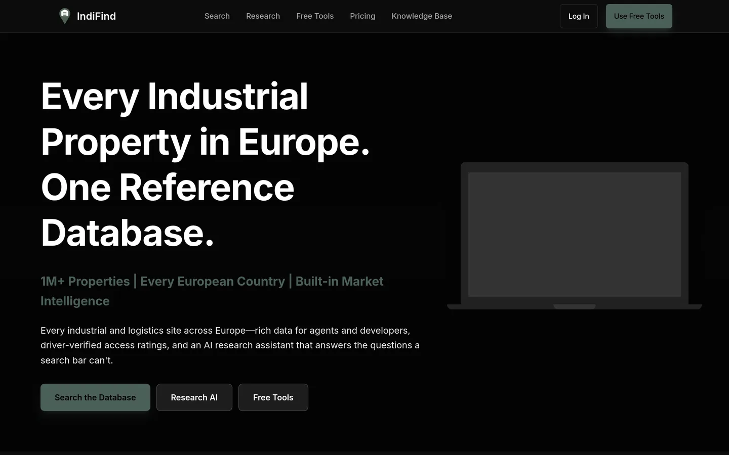 The IndiFind homepage — a reference database of industrial property across Europe.